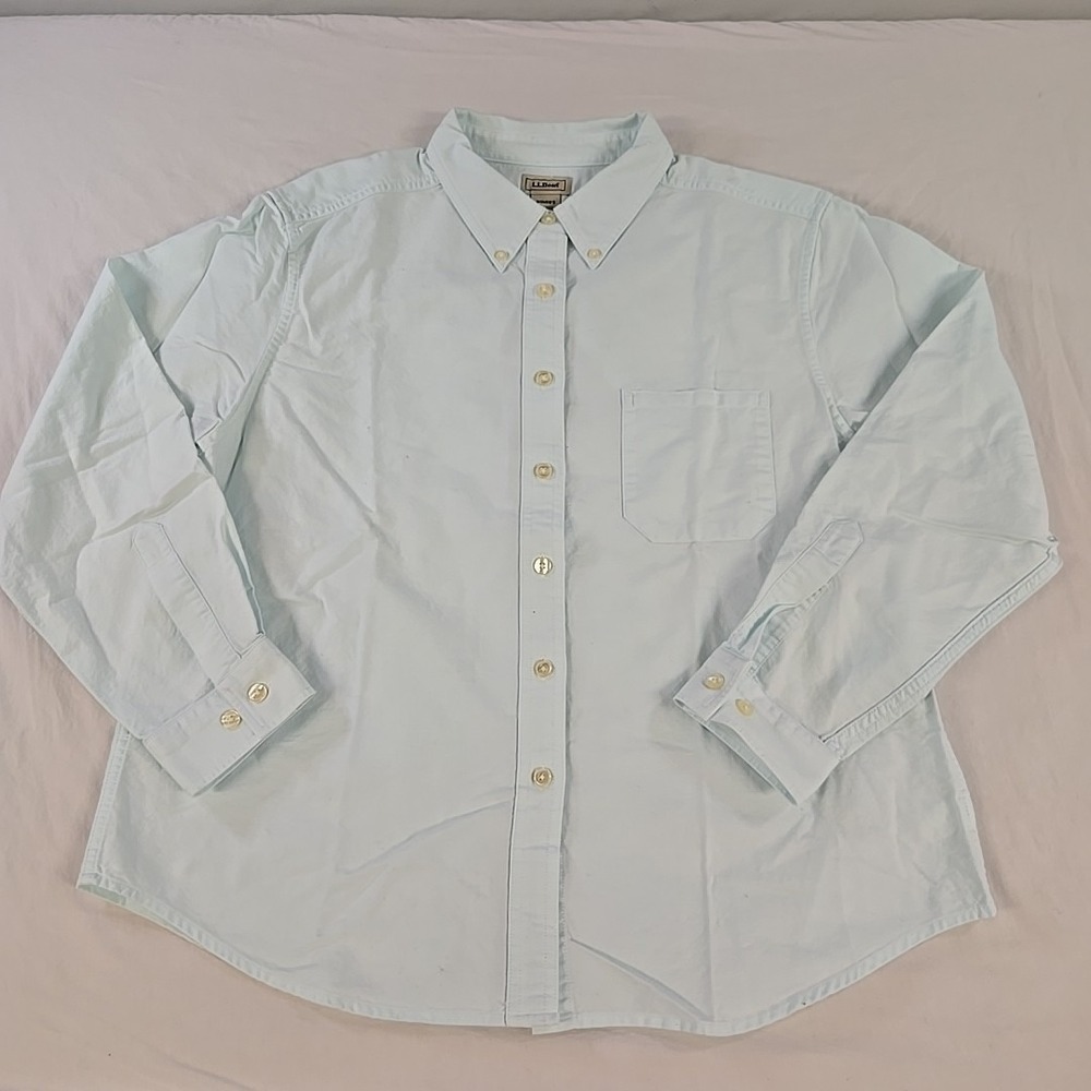 LL Bean Womens Oxford Size Large Petite Long Sleeve Mint Green Classic Cotton